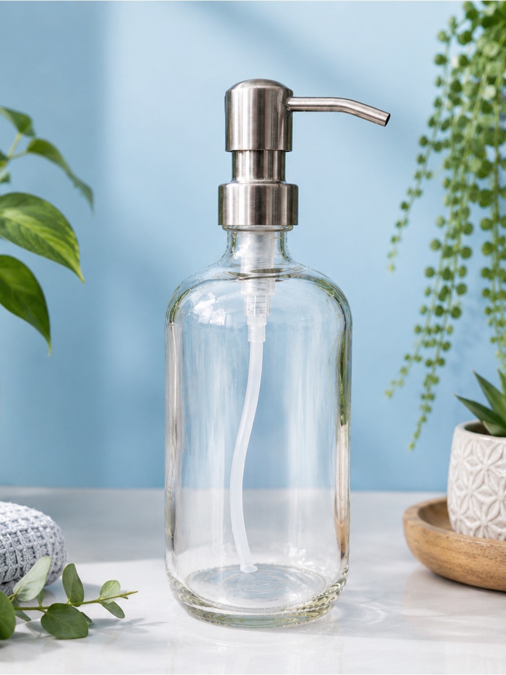 SET OF 2: 16 OZ. GLASS SOAP DISPENSER W/ METAL PUMP (CLEAR GLASS/SILVER …
